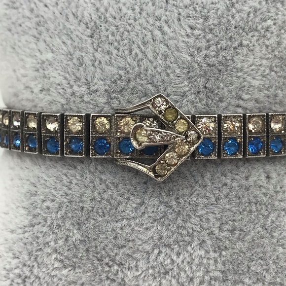 Art Deco Antique Sterling Silver Diamonbar Blue 2 Row Rhinestone Buckle Bracelet - Picture 5 of 9